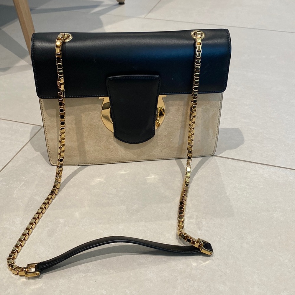 Ferragamo black leather and beige suede purse